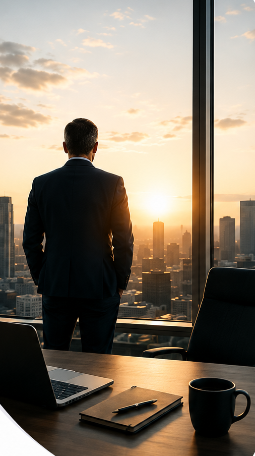 A business leader looking out over a city skyline from an office at sunrise